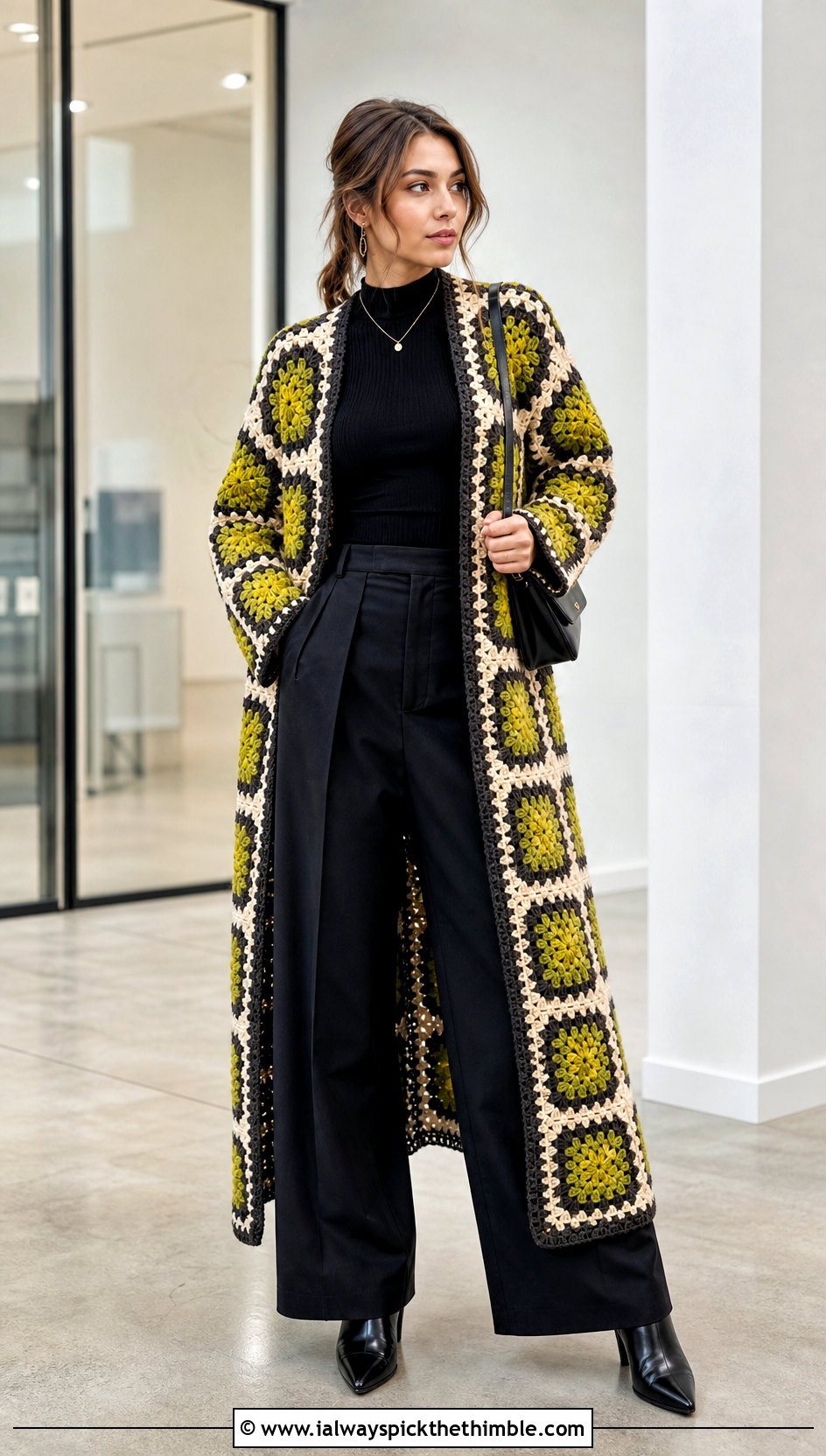 Longline Granny Square Crochet Coat With Wide Leg Pants - 20 Granny Square Crochet Coat outfit ideas