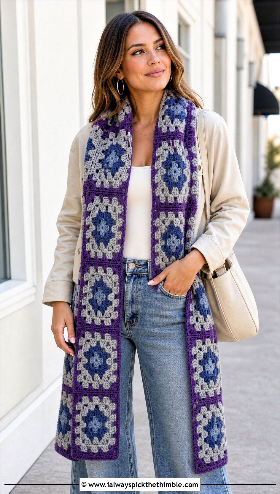 Longline Granny Square Crochet Scarf With Wide Leg Jeans - 25 granny square crochet scarf outfit ideas