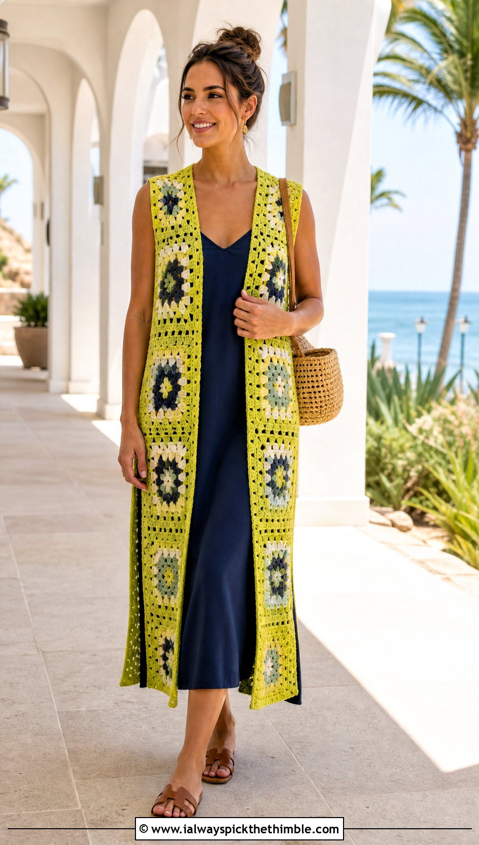 Longline Granny Square Crochet Vest With Slip Dress - 20 Granny Square Crochet Vest outfit ideas