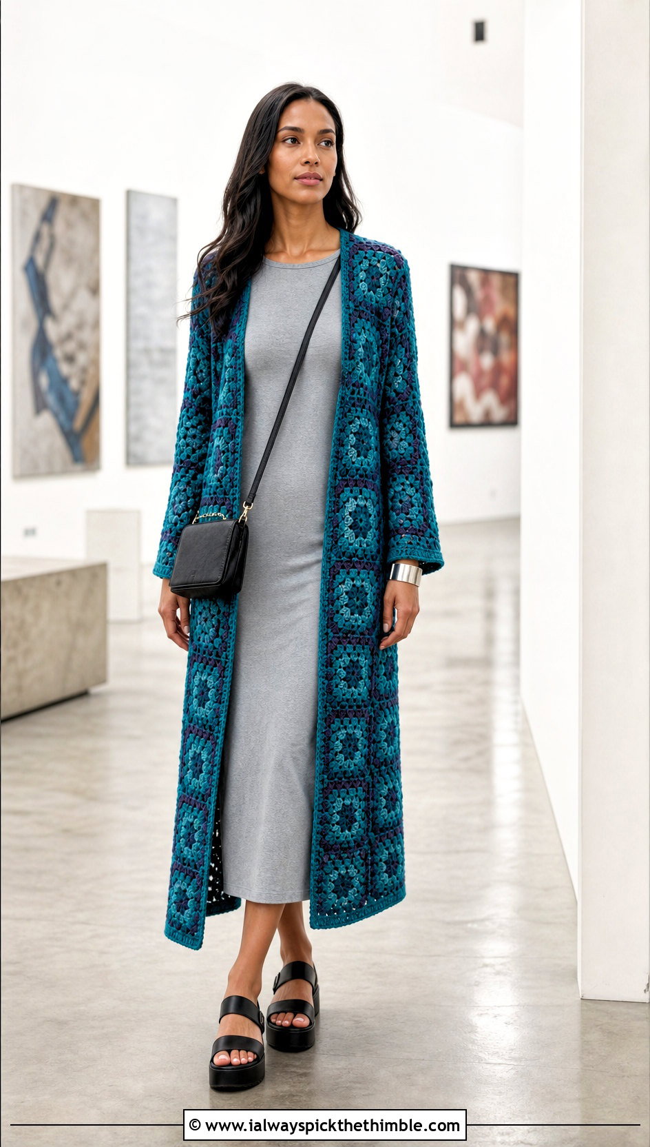 Longline Granny Square Duster Sweater With Column Dress - 25 crochet granny stitch sweater outfit ideas