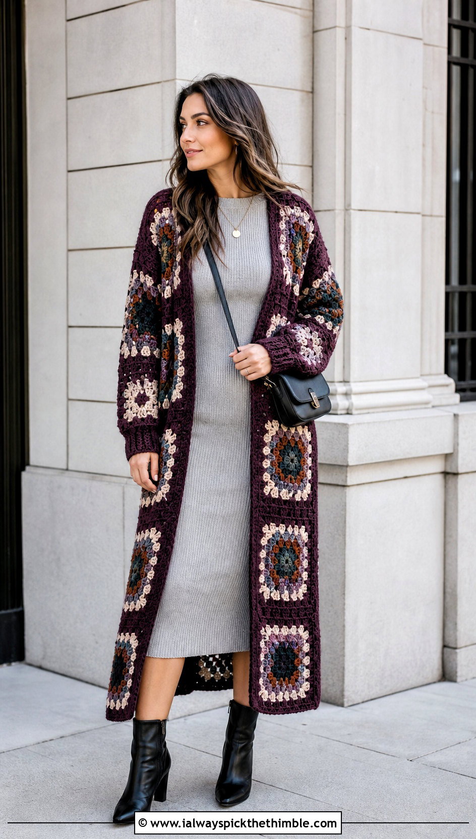 Longline Granny Square Duster Sweater With Knit Dress - 25 granny square crochet sweater outfit ideas