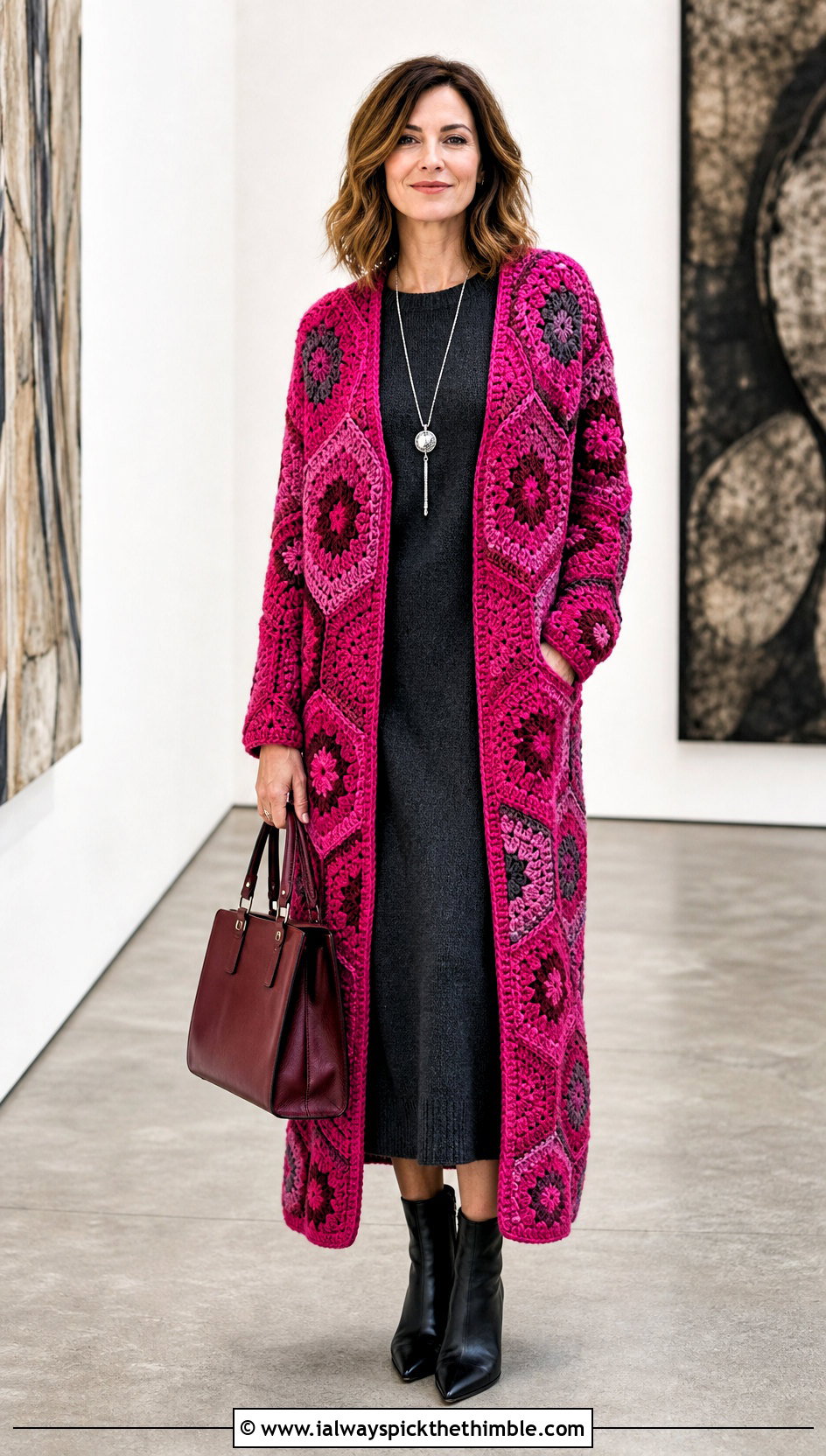 Longline Granny Square Hexagon Cardigan With Column Dress - 25 granny square hexagon cardigan outfit ideas