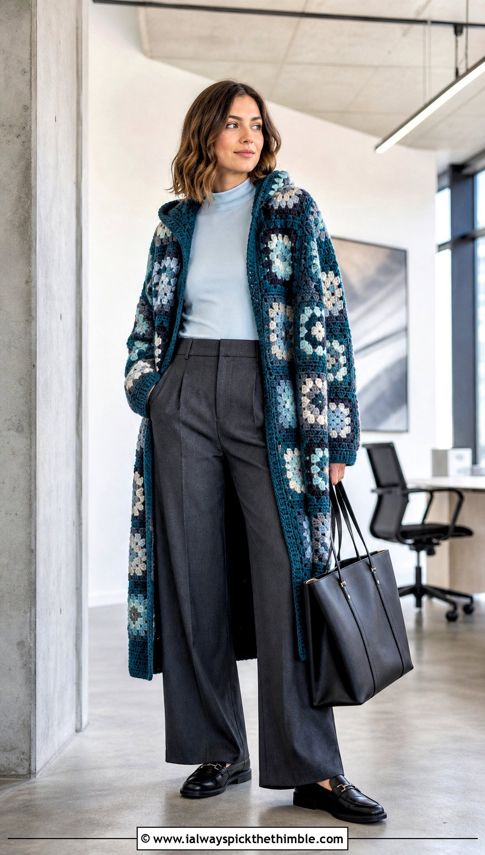 Longline Granny Square Hooded Cardigan With Tailored Trousers - 20 Granny Square Hooded Cardigan outfit ideas