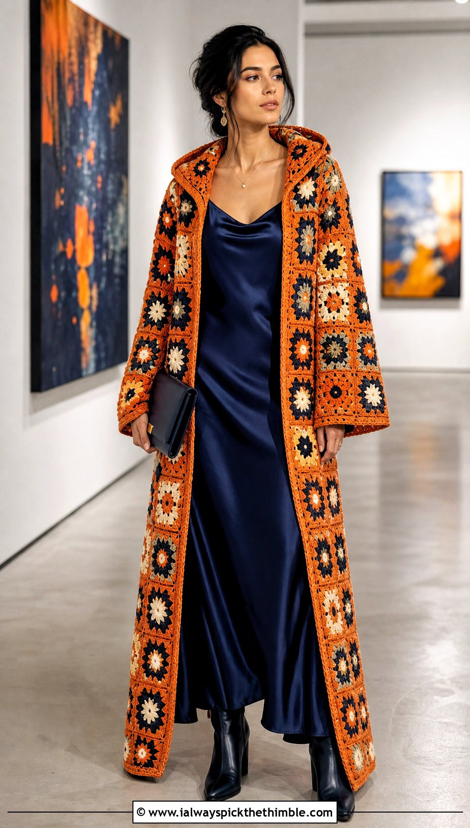 Longline Granny Square Hooded Jacket With Slip Dress - 20 Granny Square Hooded Jacket outfit ideas