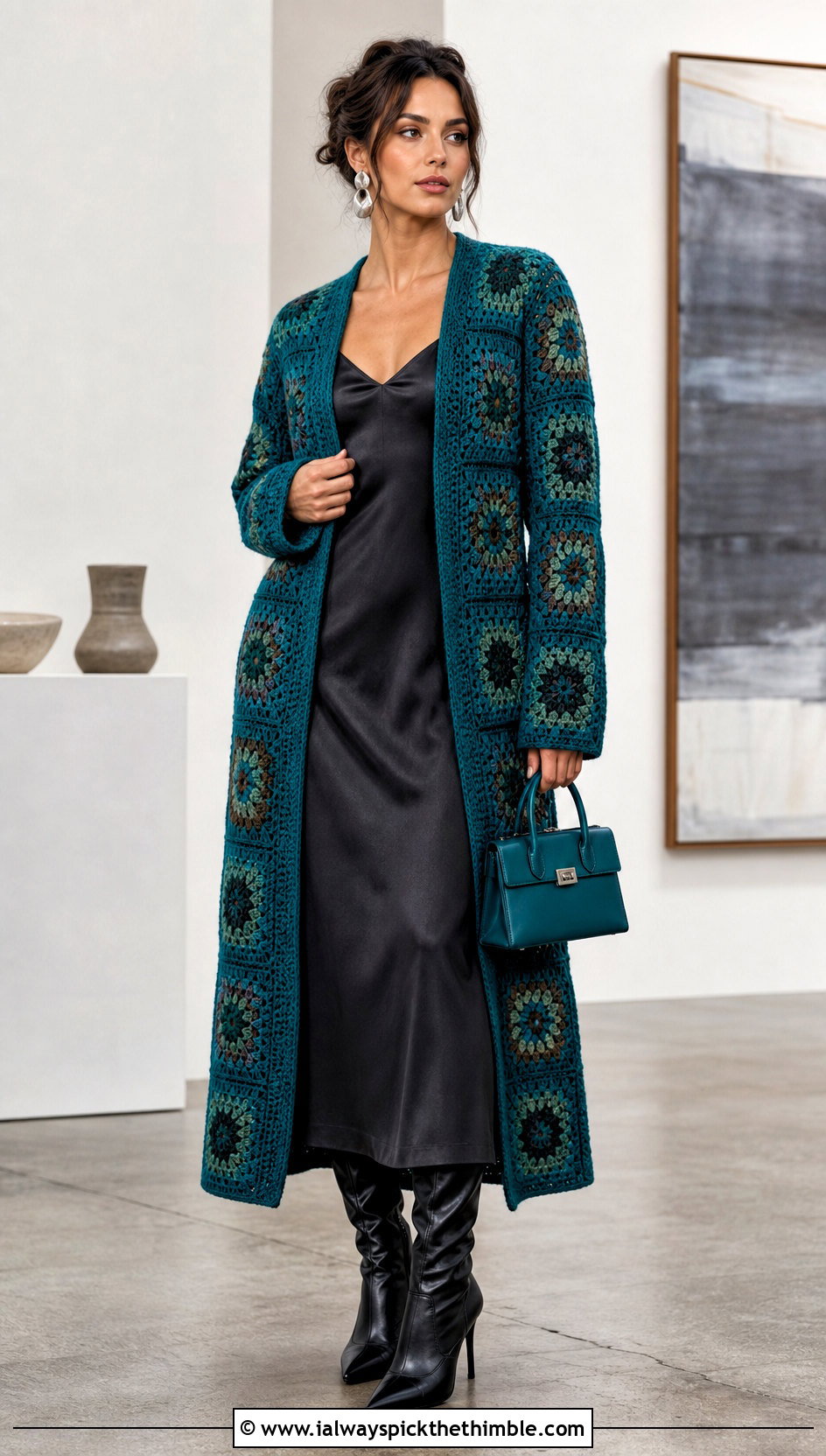 Longline Granny Square Jacket With Slip Dress - 20 granny square jackets outfit ideas