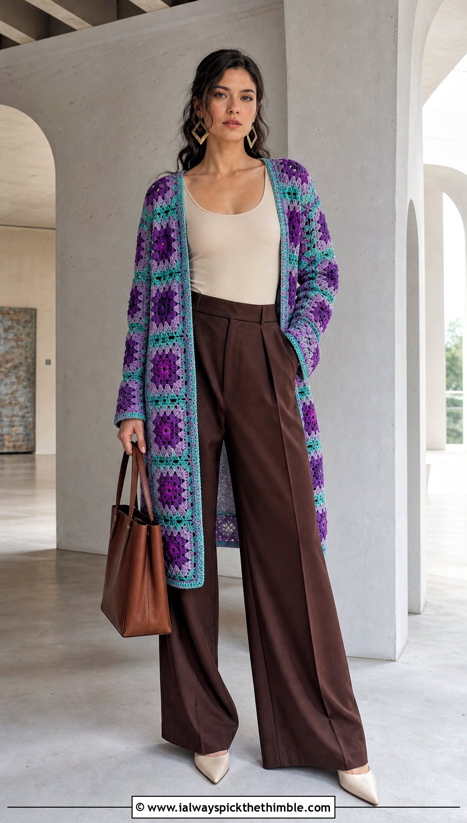 Longline Granny Square Jacket With Wide Leg Trousers - 25 granny square jacket outfit ideas