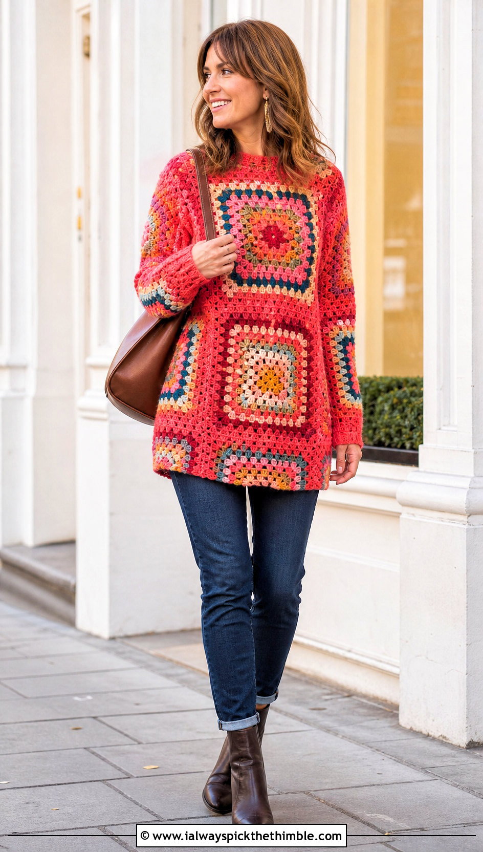 Longline Granny Square Jumper With Slim Jeans - 25 granny square jumper outfit ideas