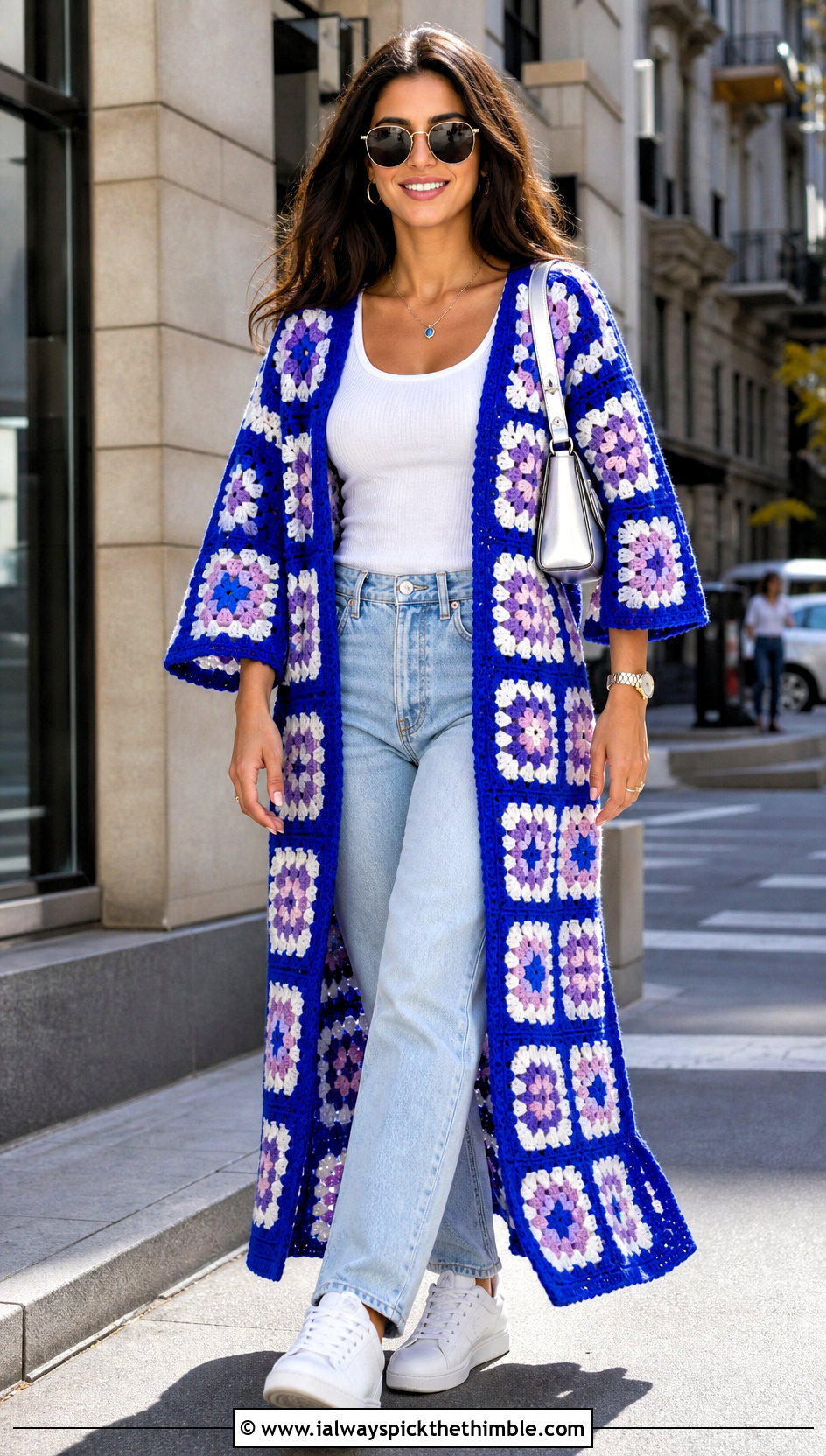 Longline Granny Square Kimono With Straight Leg Jeans - 20 granny square kimono outfit ideas