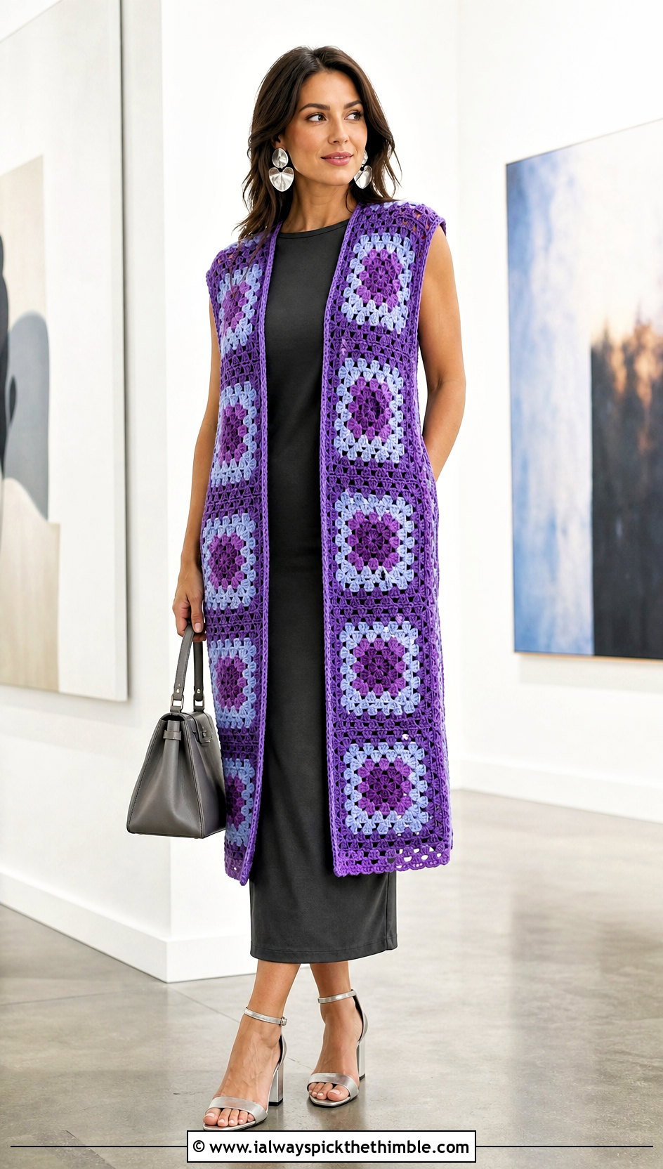 Longline Granny Square Open Vest With Column Dress - 20 granny square open vest outfit ideas