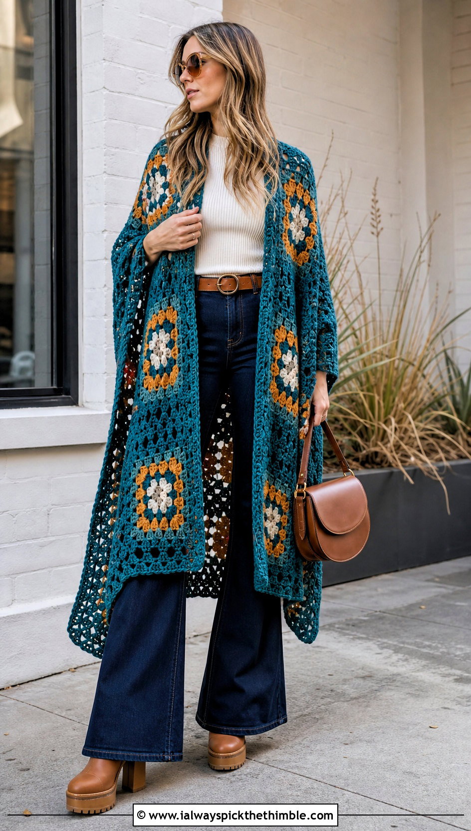 Longline Granny Square Poncho With Flared Jeans - 25 crochet granny square poncho outfit ideas