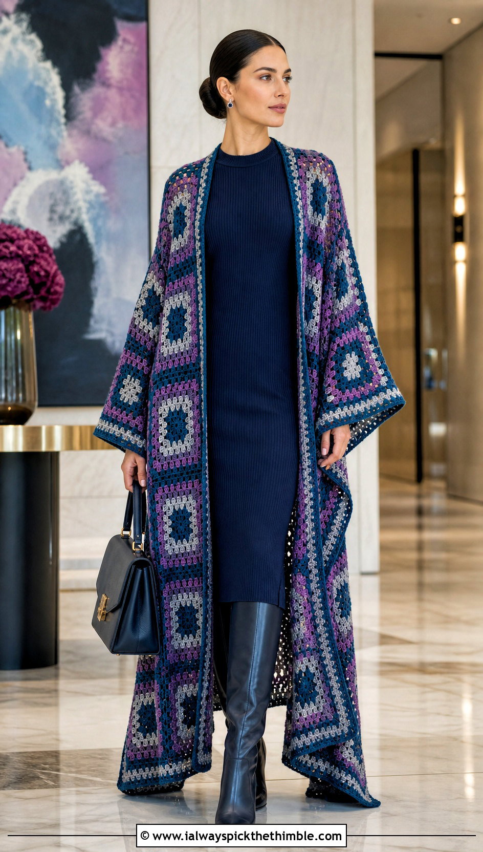 Longline Granny Square Poncho With Knit Dress - 20 Granny Squares Poncho outfit ideas
