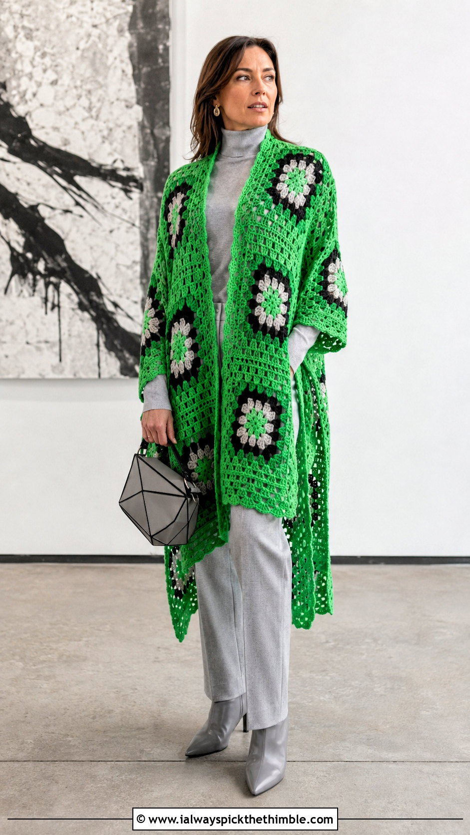 Longline Granny Square Poncho With Monochrome Outfit - 25 granny square poncho outfit ideas