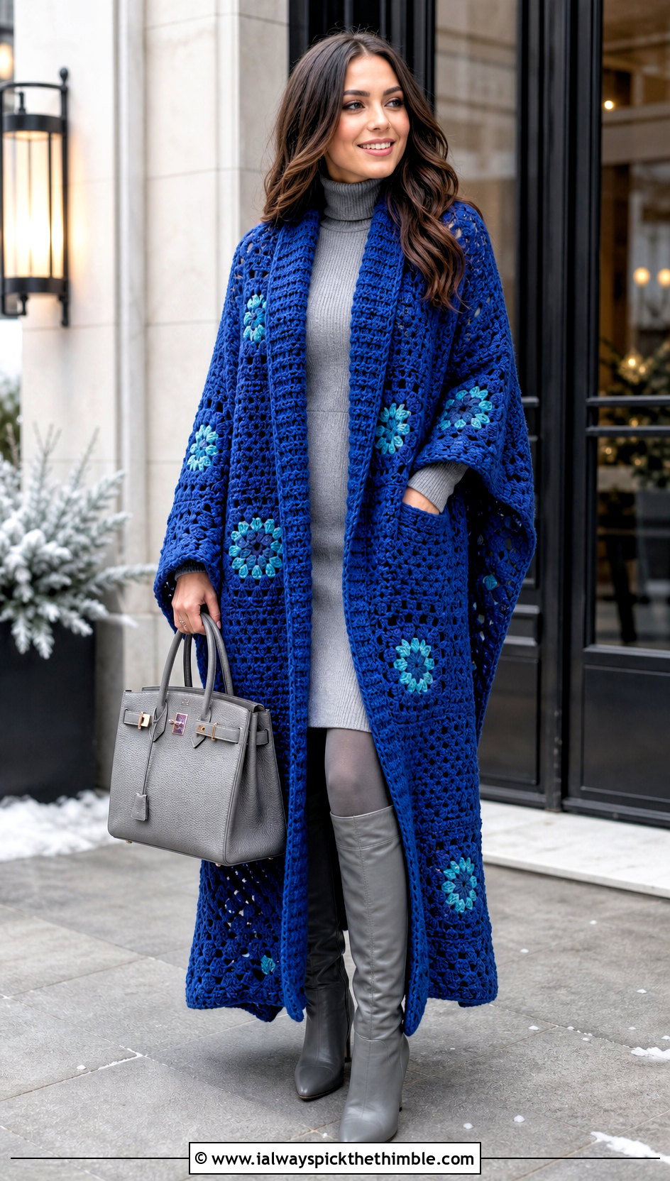 Longline Granny Square Poncho With Sweater Dress - 15 easy granny square poncho outfit ideas