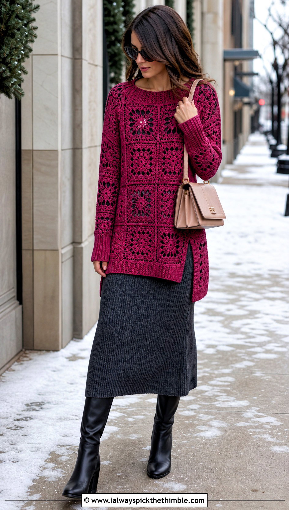 Longline Granny Square Pullover Sweater With Knit Midi Skirt - 25 Granny Square Pullover Sweater outfit ideas