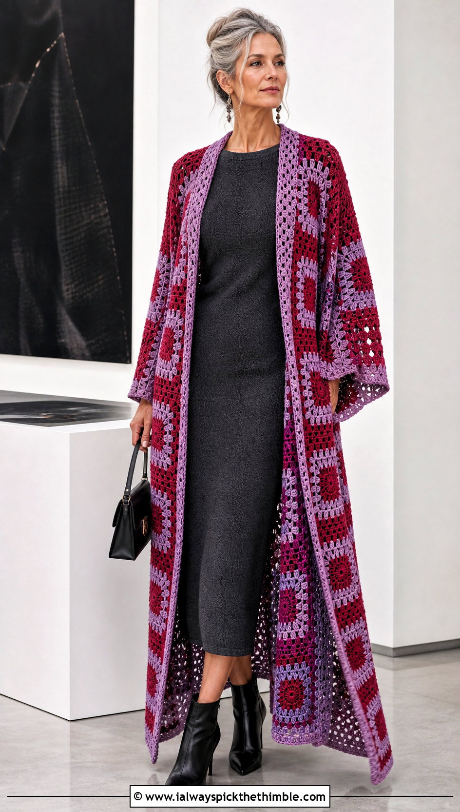Longline Granny Square Ruana With Knit Column Dress - 20 Granny Square Ruana outfit ideas