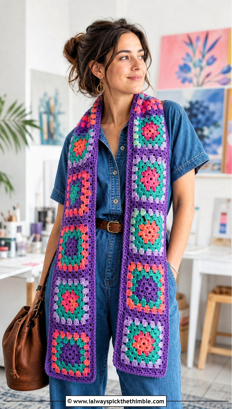 Longline Granny Square Scarf With Denim Jumpsuit And Sneakers - 25 granny crochet scarf outfit ideas
