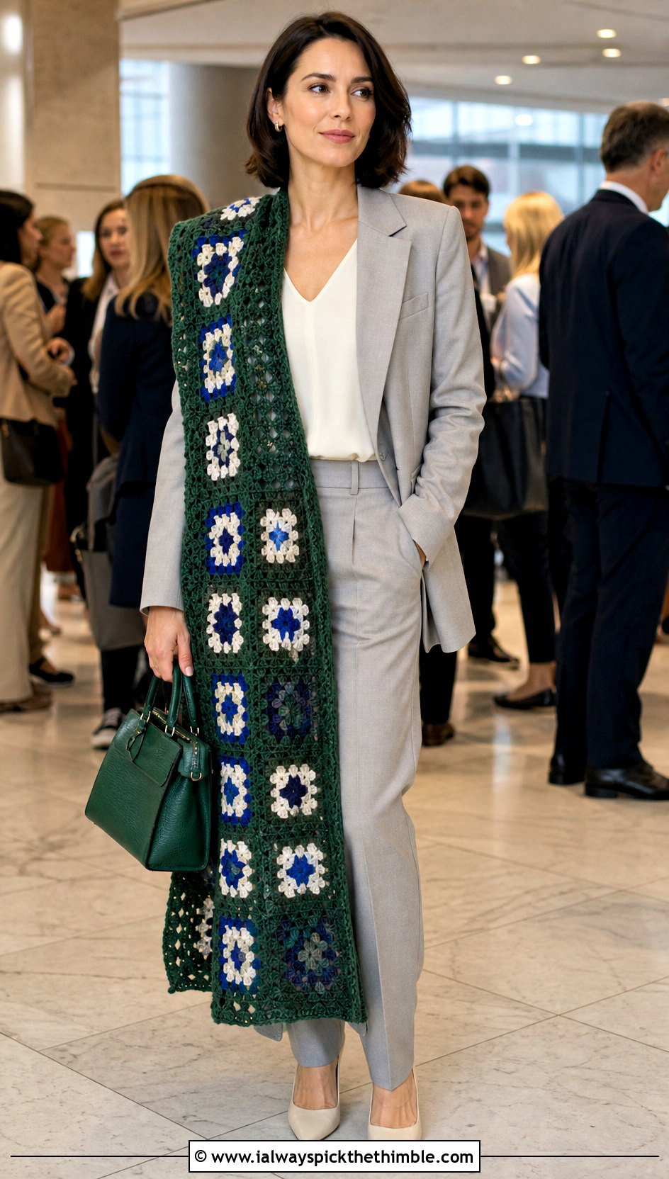 Longline Granny Square Shawl With Monochrome Suit - 25 granny square shawl outfit ideas
