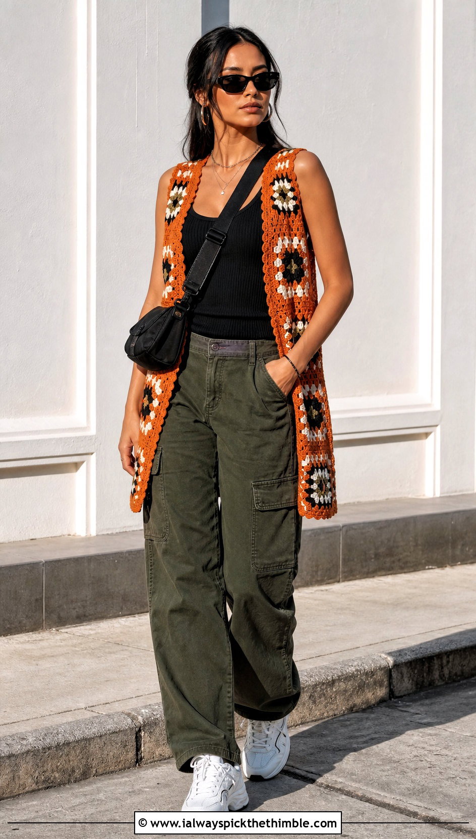 Longline Granny Square Sleeveless Vest With Cargo Pants - 20 Granny Square Sleeveless Vest outfit ideas