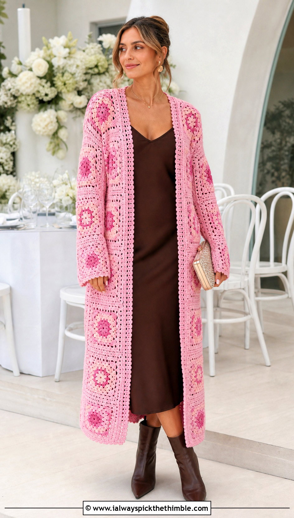 Longline Granny Square Stitch Cardigan With Slip Dress - 20 granny square stitch sweater outfit ideas