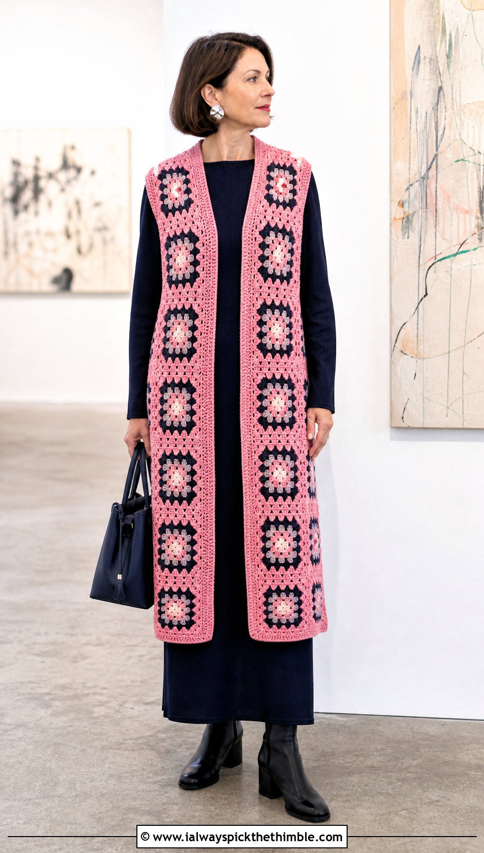 Longline Granny Square Sweater Vest With Column Dress - 25 granny square sweater vest outfit ideas