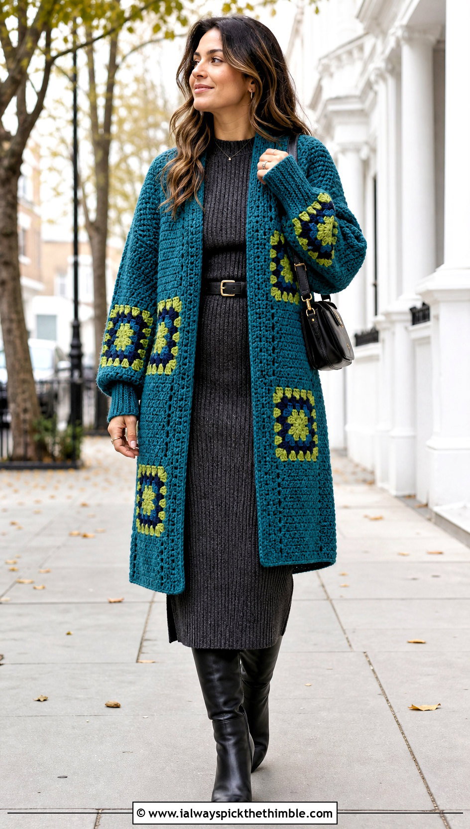 Longline Granny Square Sweater With Knit Dress - 25 granny square sweater outfit ideas