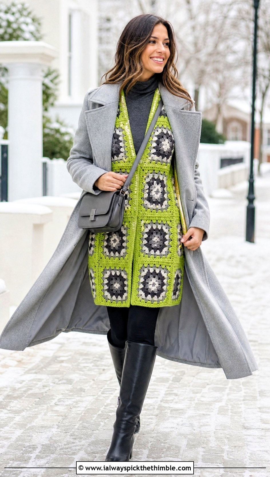 Longline Granny Square Sweater With Leggings And Boots - 25 crochet granny square sweater outfit ideas