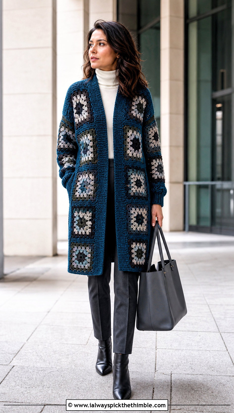 Longline Granny Square Sweater With Slim Trousers - 15 Crochet Oversized Granny Square Sweater outfit ideas