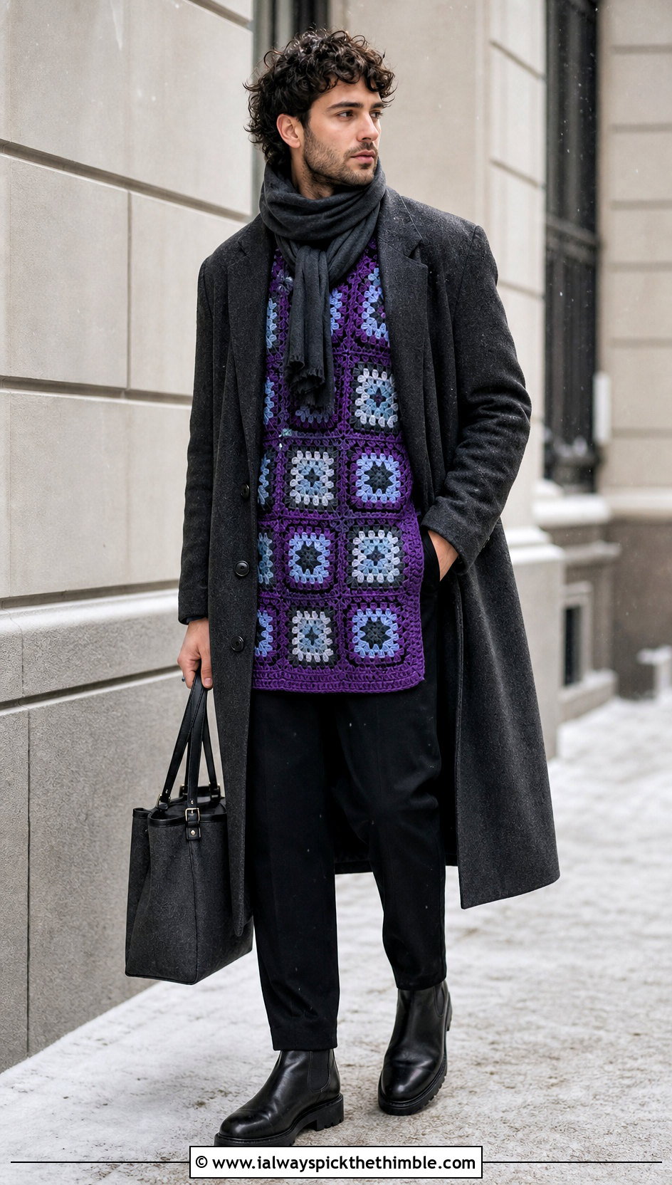 Longline Granny Square Sweater With Wool Coat - 20 Crochet Granny Square Sweater For Men outfit ideas