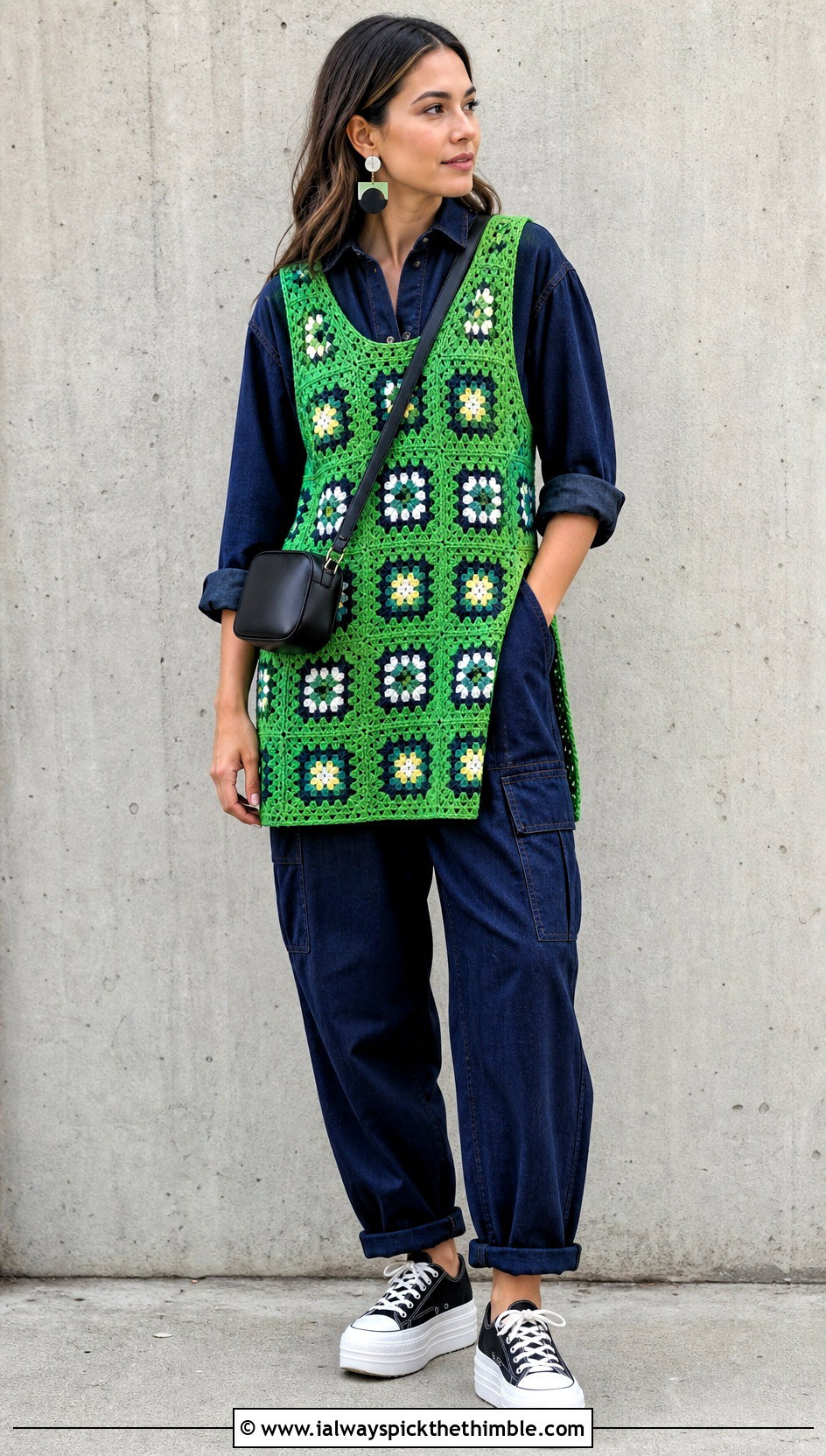 Longline Granny Square Tank Top With Utility Jumpsuit - 20 Crochet Granny Square Tank Top outfit ideas