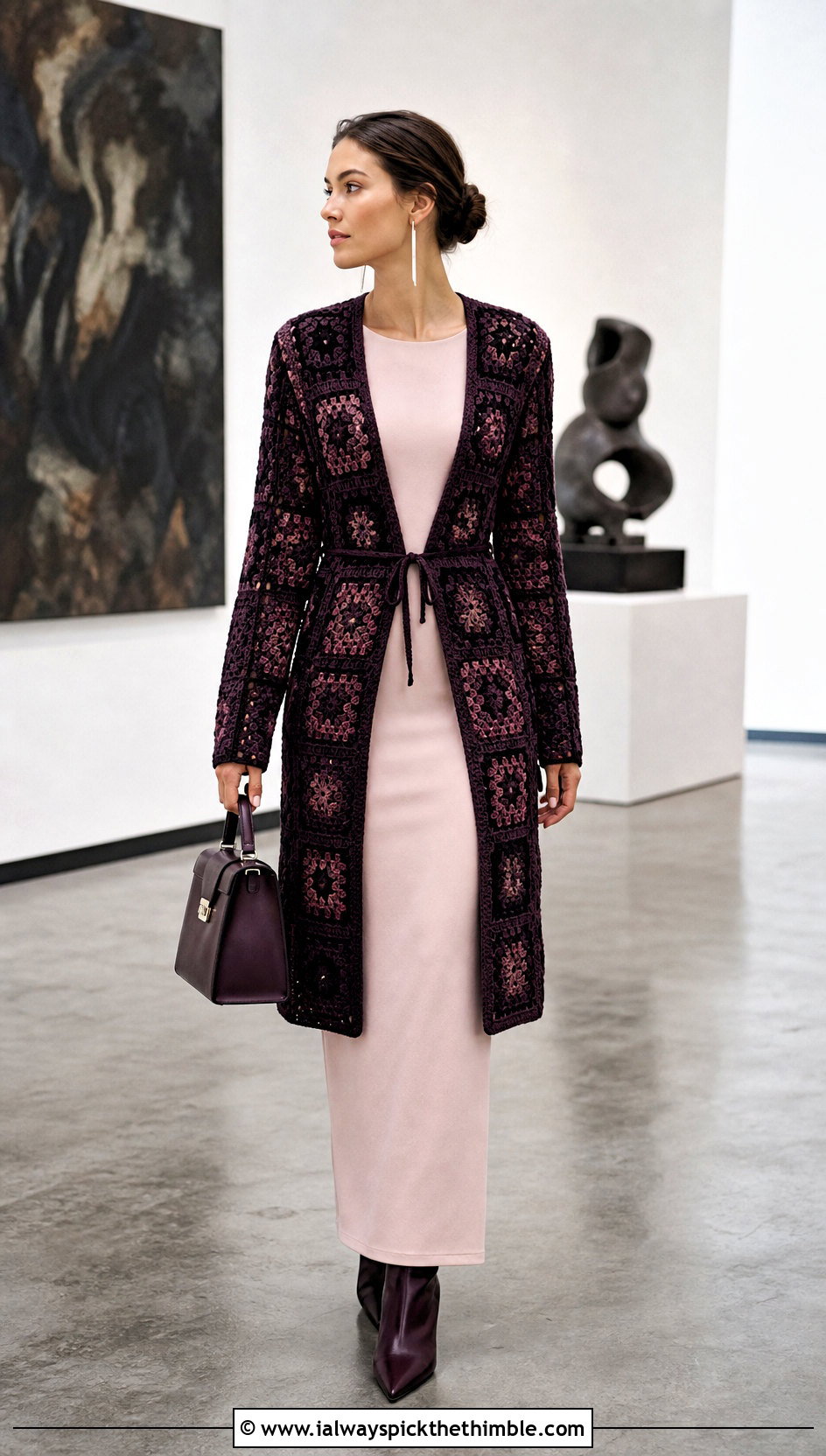 Longline Granny Square Tie Cardigan With Column Dress - 20 Granny Square Tie Cardigan outfit ideas