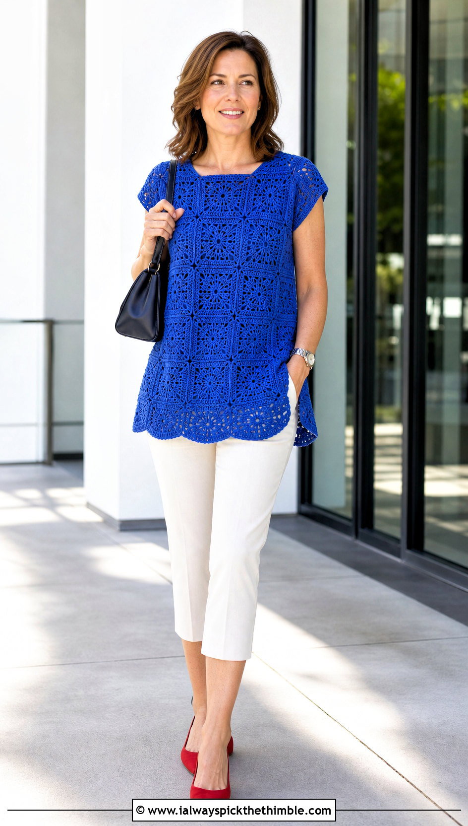 Longline Granny Square Top With Tailored Capri Pants - 20 crochet granny square summer top outfit ideas