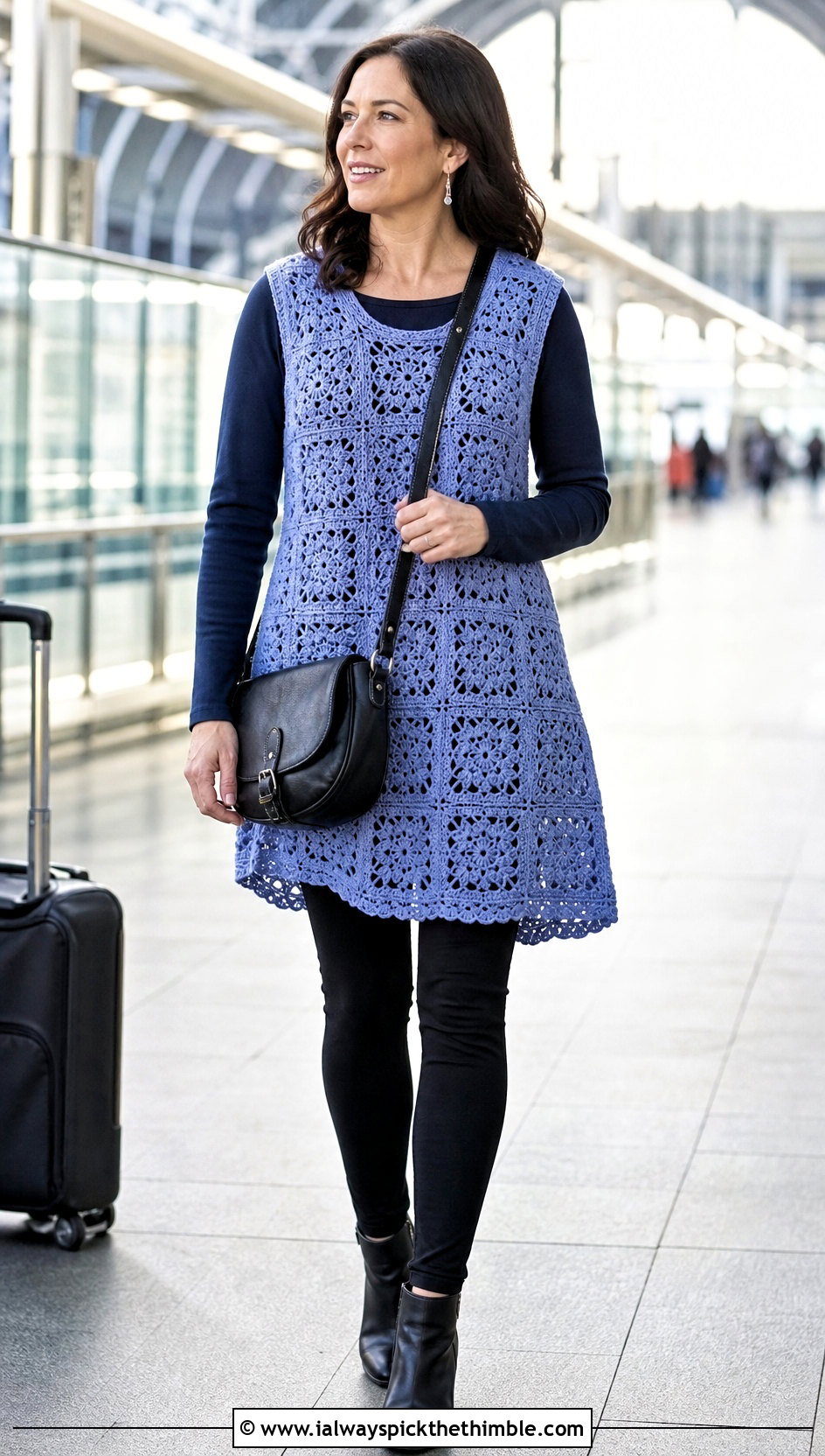 Longline Granny Square Tunic Top With Leggings - 25 crochet granny square top outfit ideas