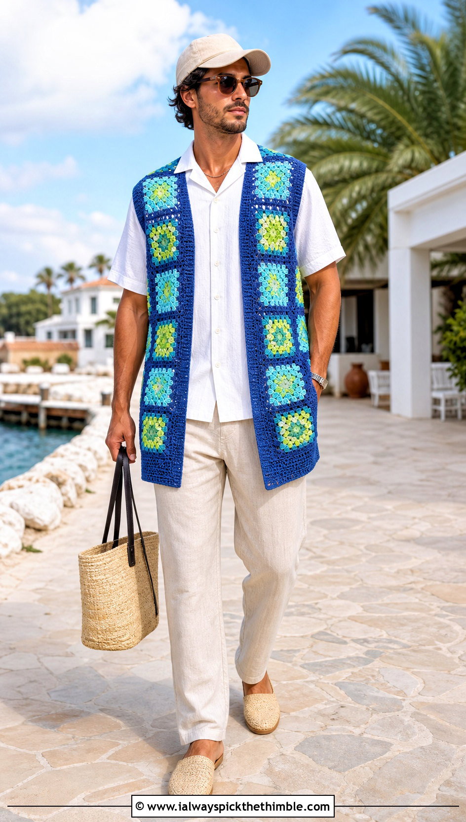 Longline Granny Square Vest With Camp Collar Shirt And Linen Pants - 20 crochet granny square mens vest outfit ideas