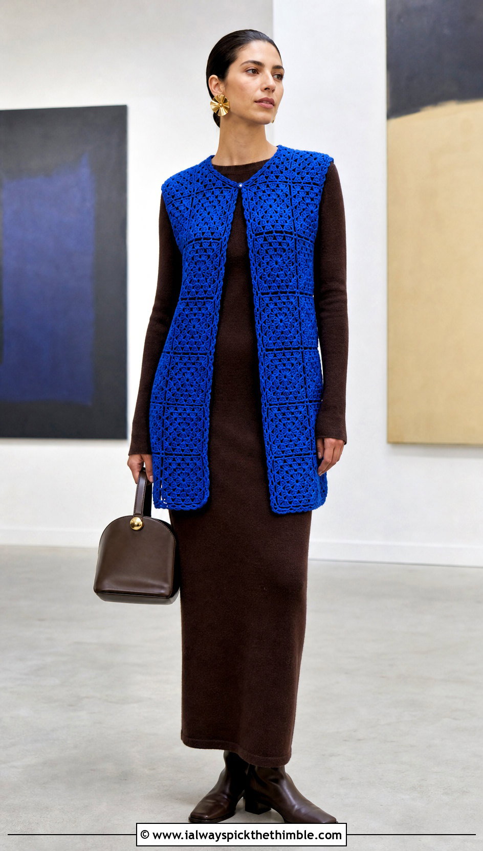 Longline Granny Square Vest With Column Dress - 25 granny square vest outfit ideas