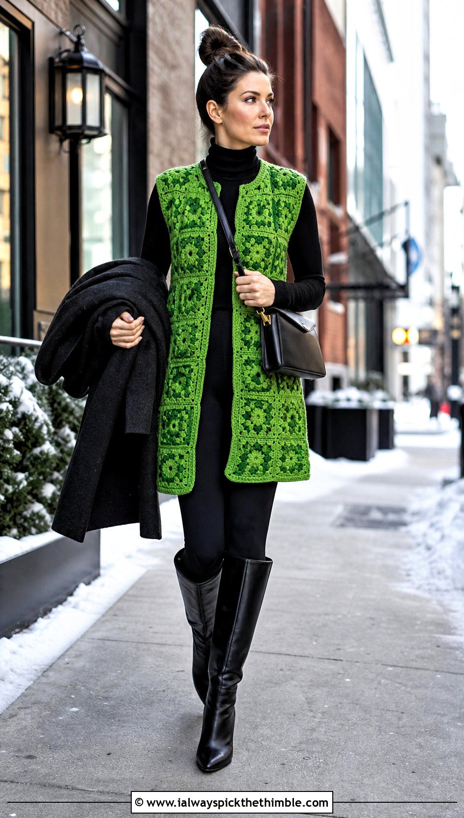 Longline Granny Square Vest With a Turtleneck and Leggings - 20 Granny Squares Vest outfit ideas