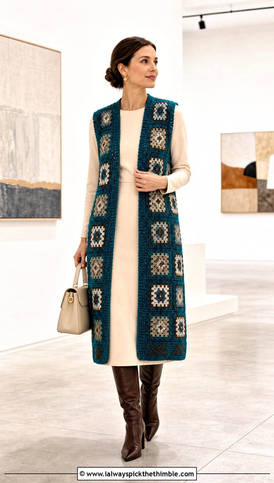 Longline Granny Square Waistcoat With Column Dress - 20 crochet granny square waistcoat outfit ideas