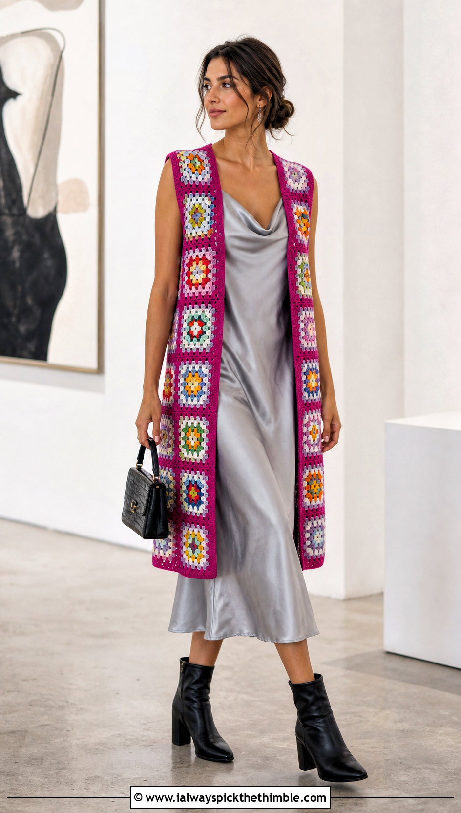 Longline Granny Square Waistcoat With Slip Dress - 25 granny square waistcoat outfit ideas