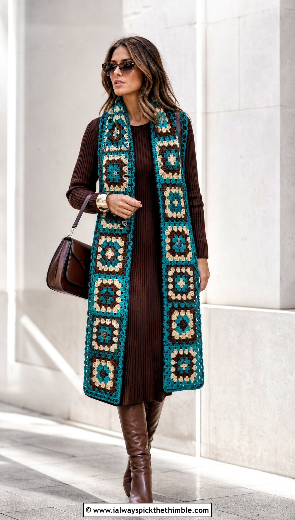 Longline Granny Square Wrap With Ribbed Knit Dress - 20 granny square wrap outfit ideas