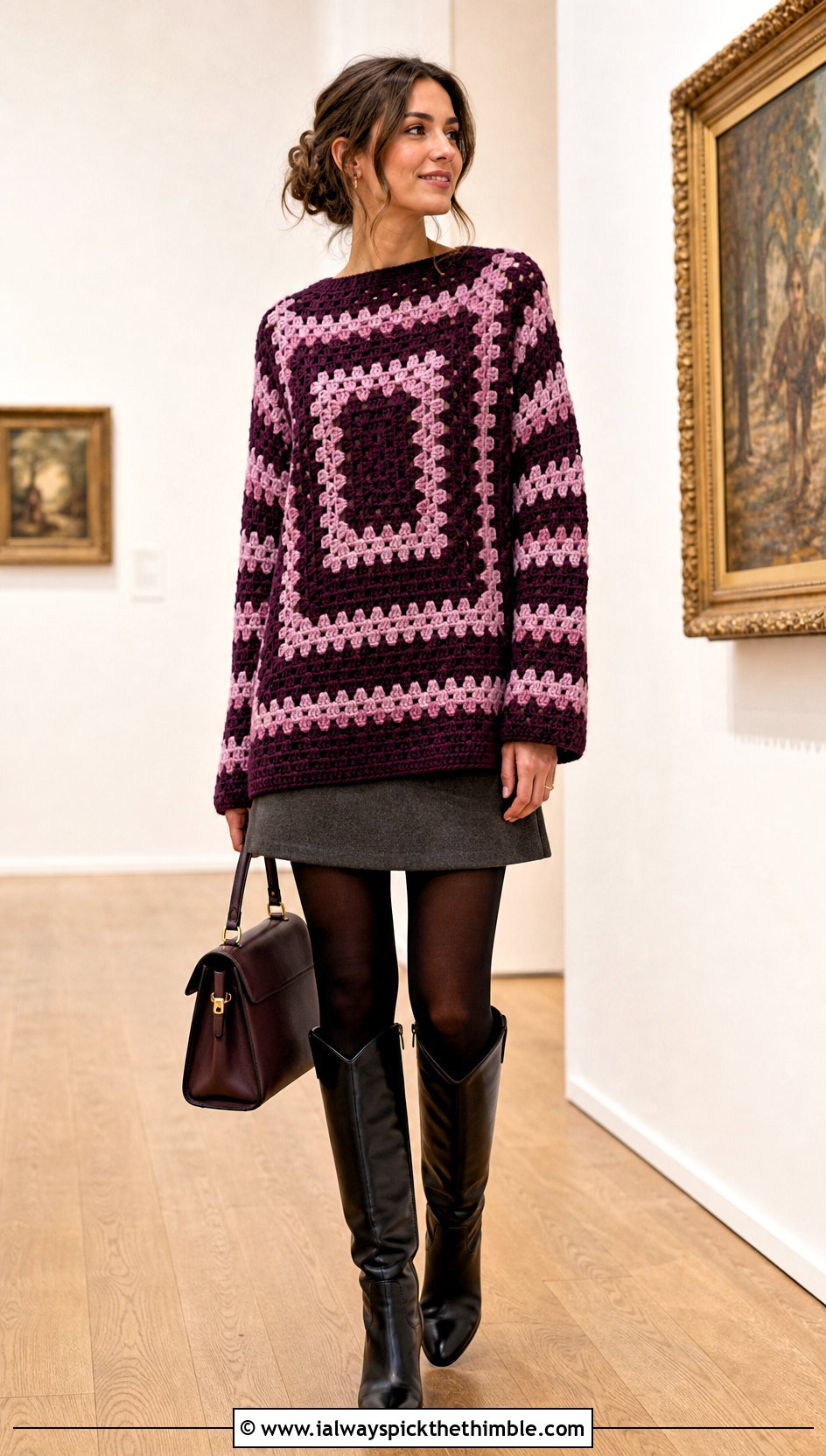 Longline Granny Stripe Crochet Sweater With Mini Skirt - 20 Granny Stripe Crochet Sweater outfit ideas