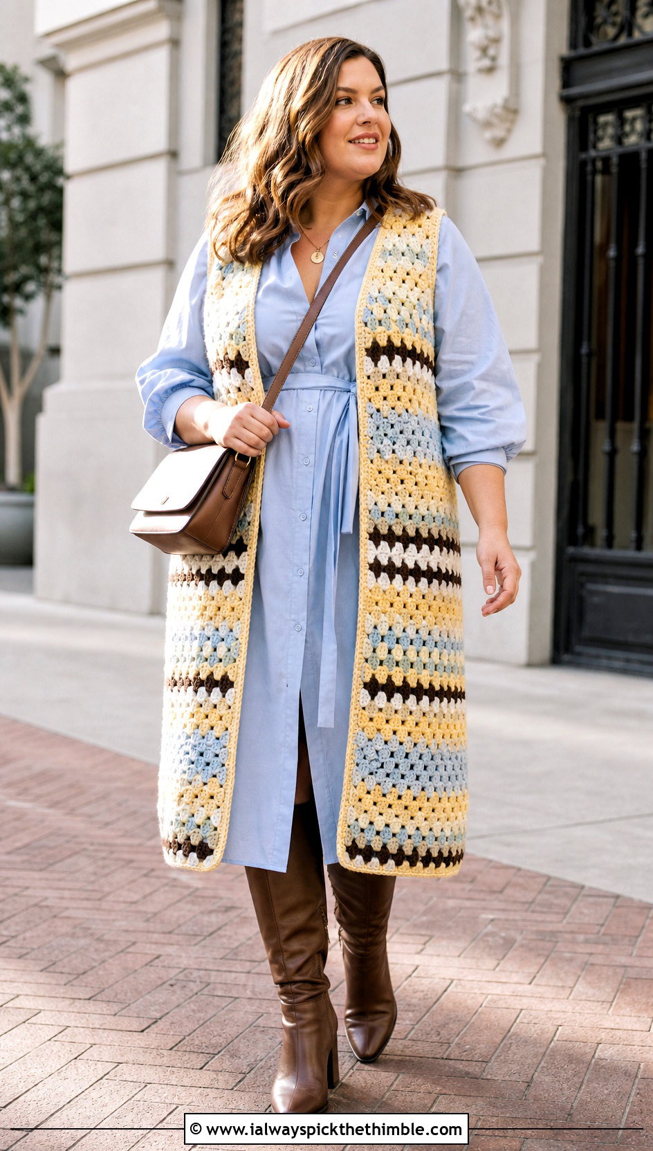 Longline Granny Stripe Crochet Vest With Shirt Dress - 15 granny stripe crochet vest outfit ideas