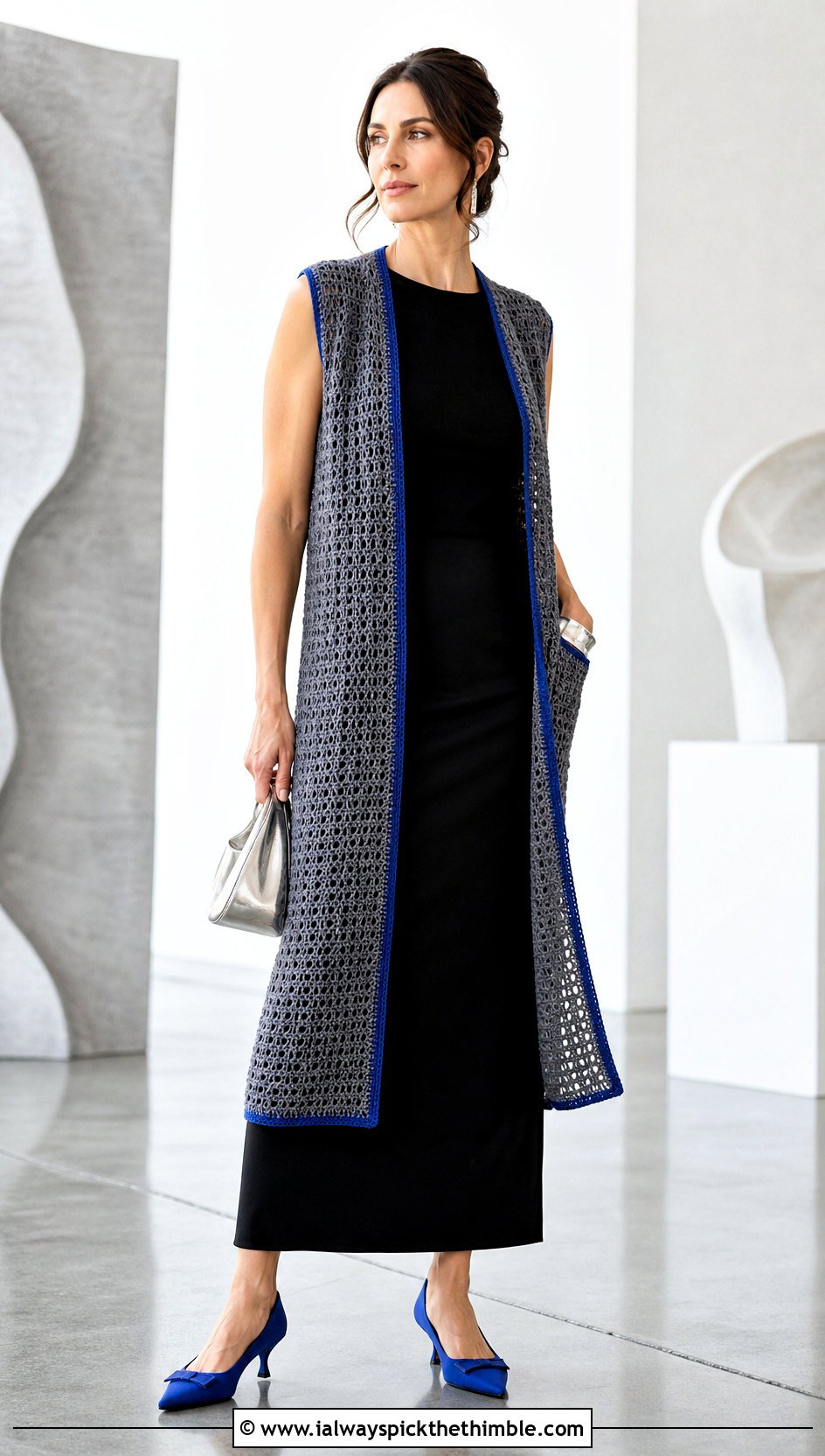 Longline Gray Crochet Sweater Vest With Monochrome Column Outfit - 15 Gray Crochet Sweater Vest outfit ideas