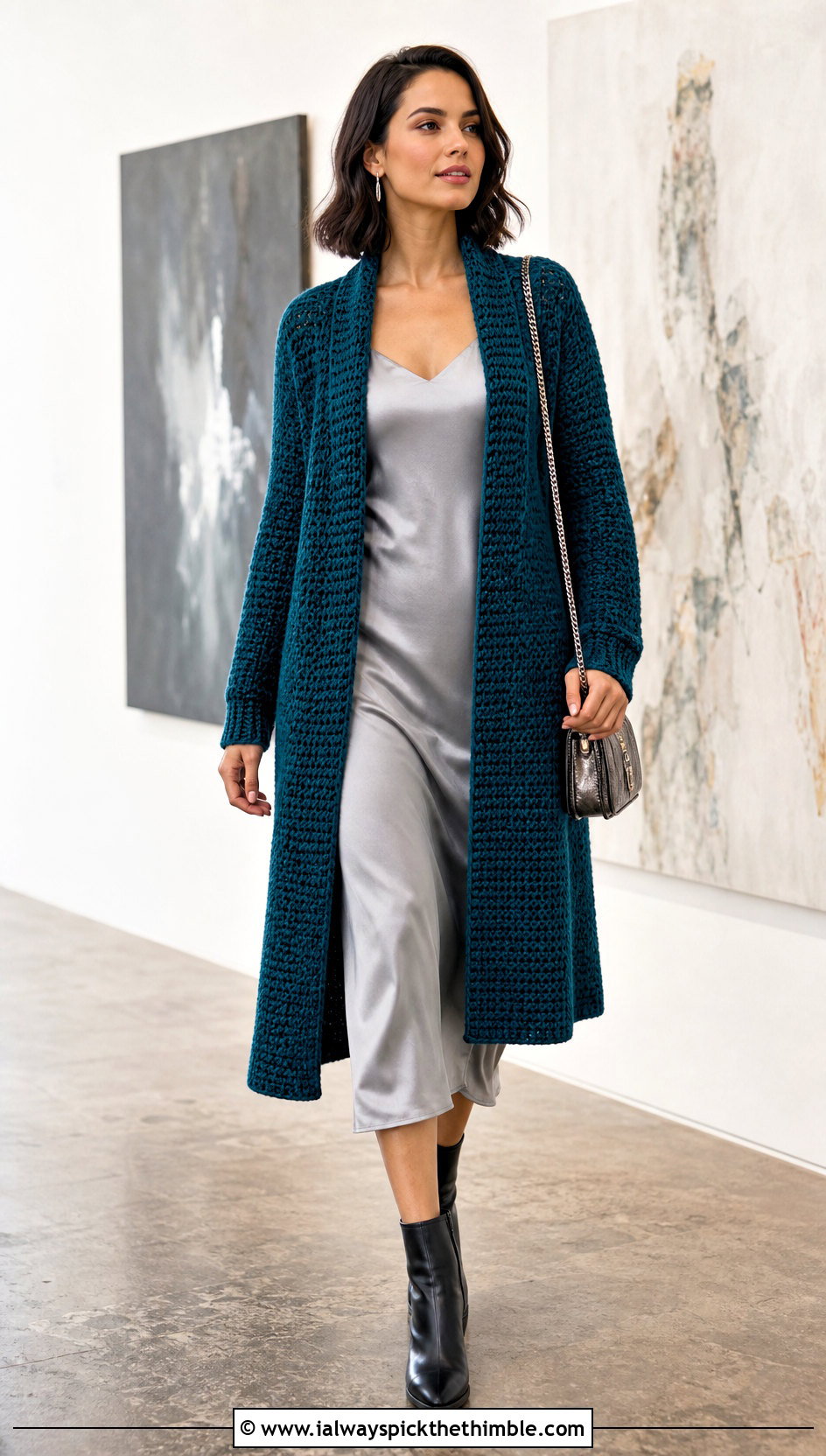 Longline Half Double Crochet Cardigan With Slip Dress - 20 Half Double Crochet Cardigan outfit ideas