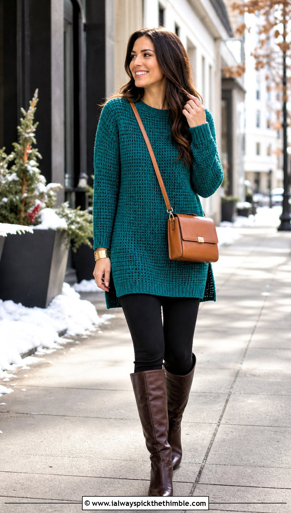 Longline Half Double Crochet Tunic Sweater With Leggings - 20 half double crochet sweater outfit ideas