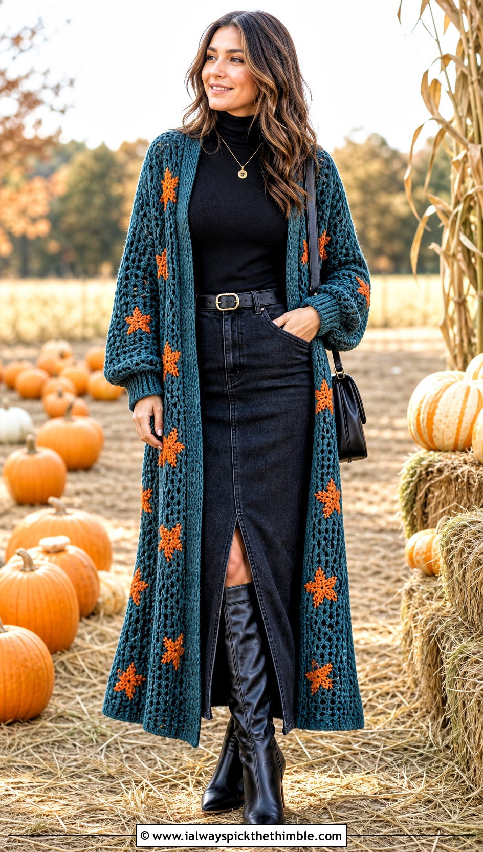 Longline Halloween Crochet Duster Cardigan With Denim Midi Skirt - 20 halloween crochet cardigan outfit ideas