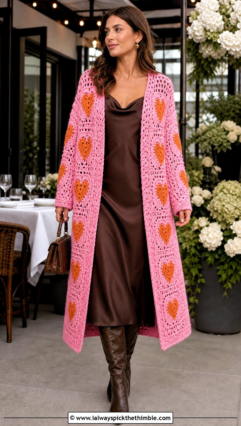 Longline Heart Cardigan With Slip Dress - 25 crochet heart cardigan outfit ideas