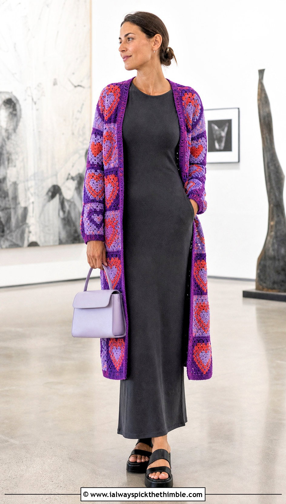 Longline Heart Granny Square Cardigan With Column Dress - 25 Heart Granny Square Cardigan outfit ideas