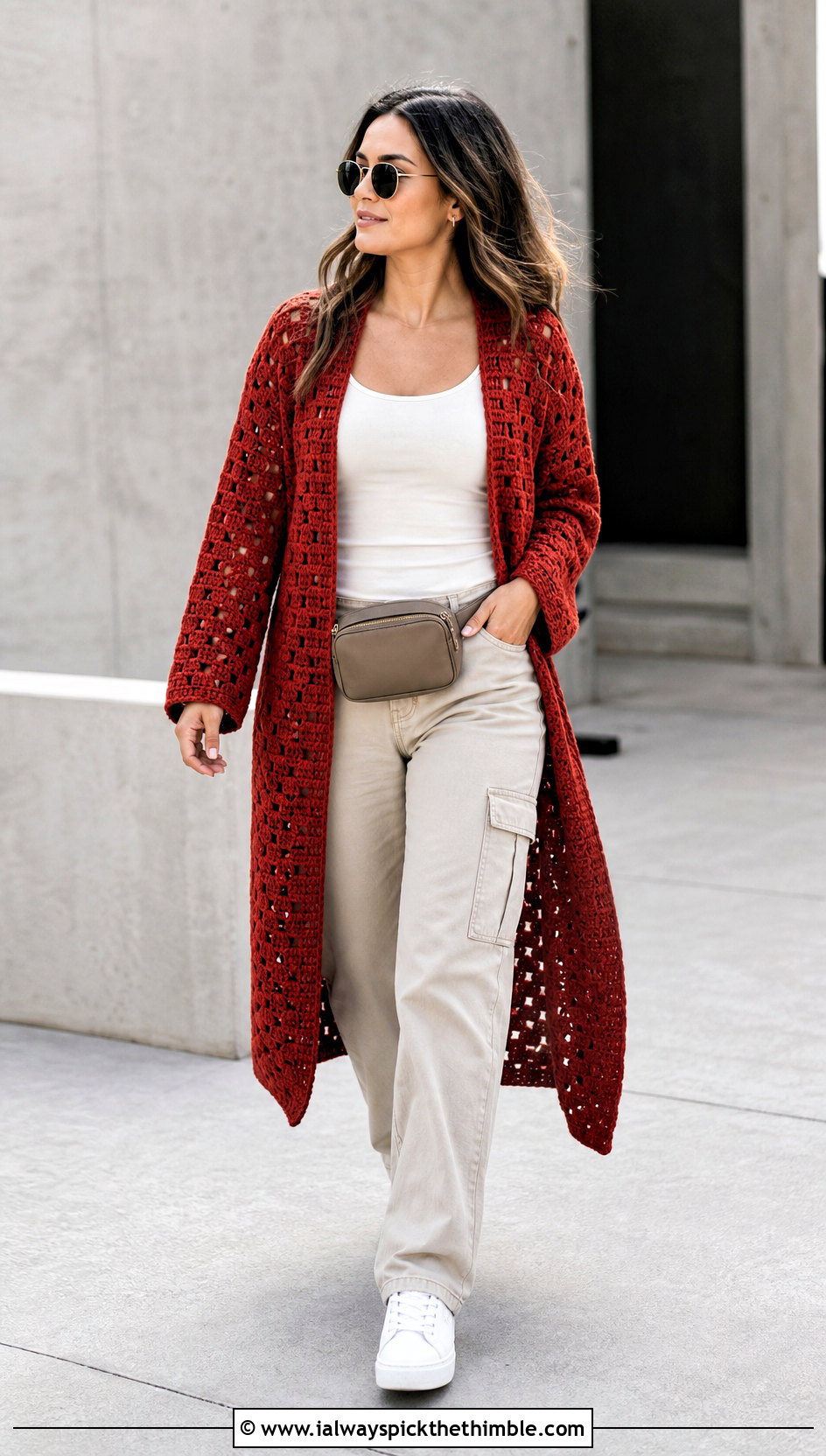 Longline Hex Crochet Cardigan With Cargo Pants - 25 hex crochet cardigan outfit ideas