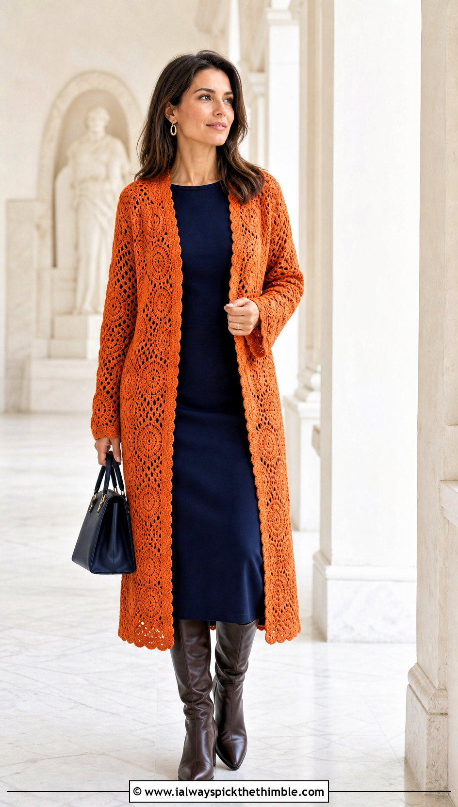 Longline Hexagon Cardigan With Column Dress - 25 crochet hexagon cardigan outfit ideas