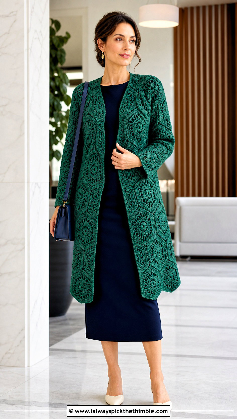 Longline Hexagon Cardigan With Fitted Column Dress - 25 crochet hexagon sweater outfit ideas