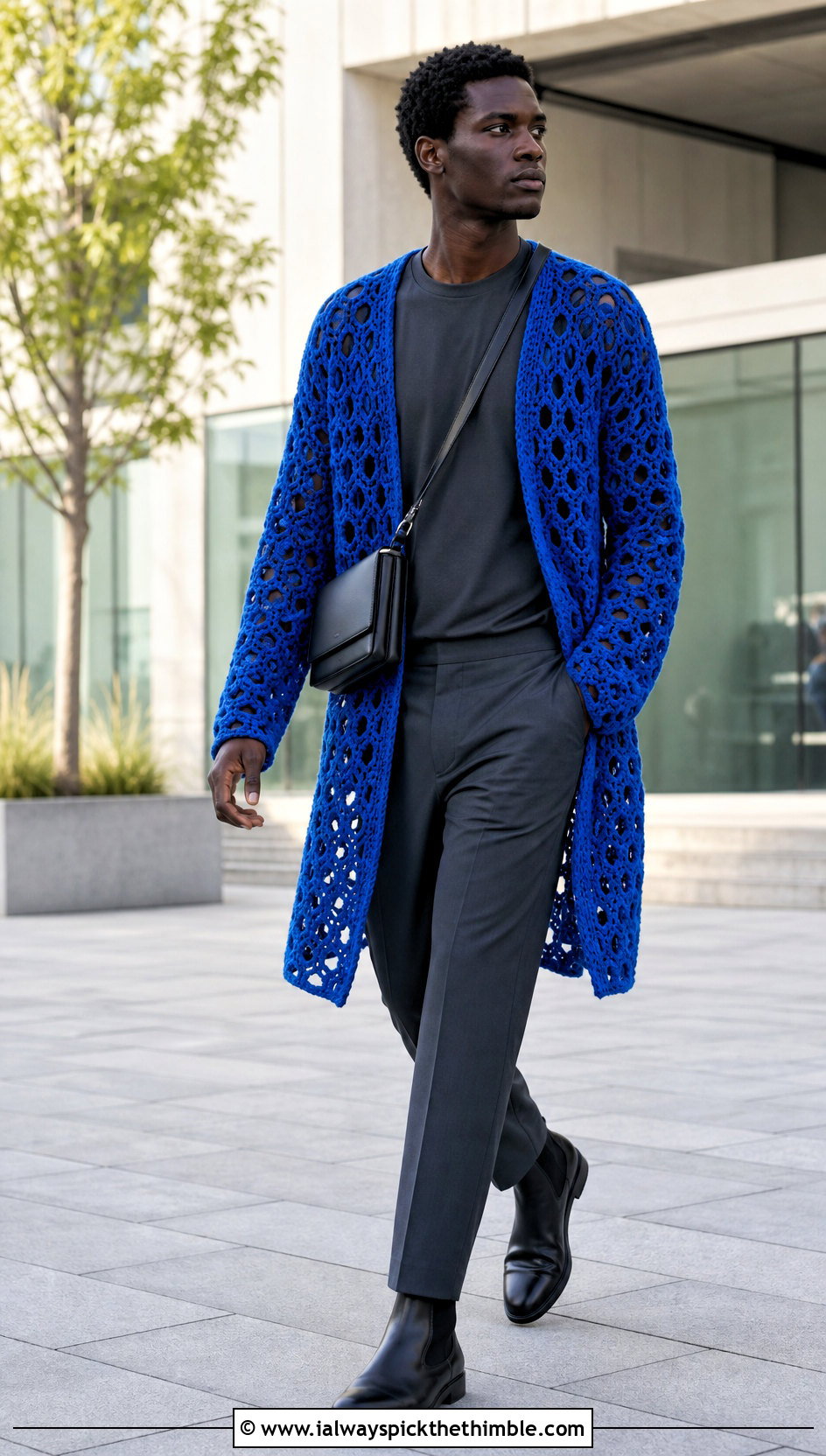 Longline Hexagon Crochet Cardigan With Monochrome Basics - 25 men hexagon crochet cardigan outfit ideas